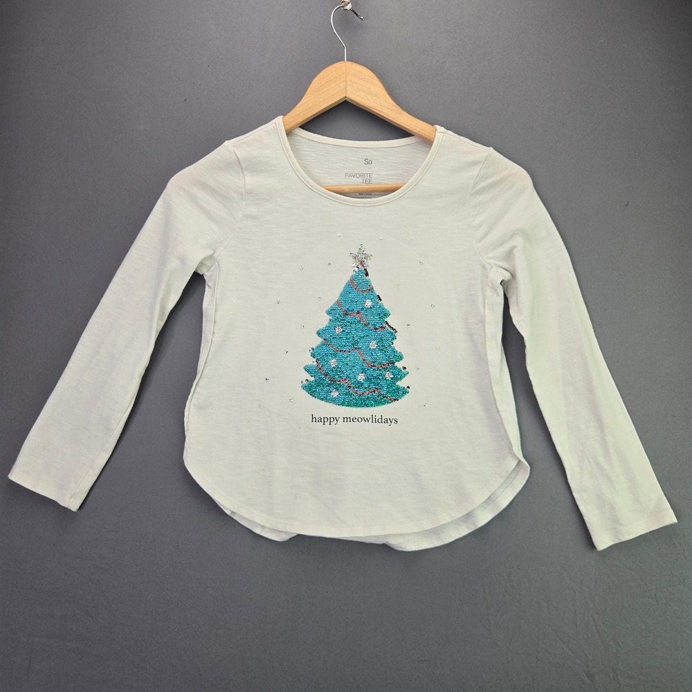 SO Girls Long Sleeve Christmas Tee Flip Sequin Tree Size M 8 White Holiday Shirt